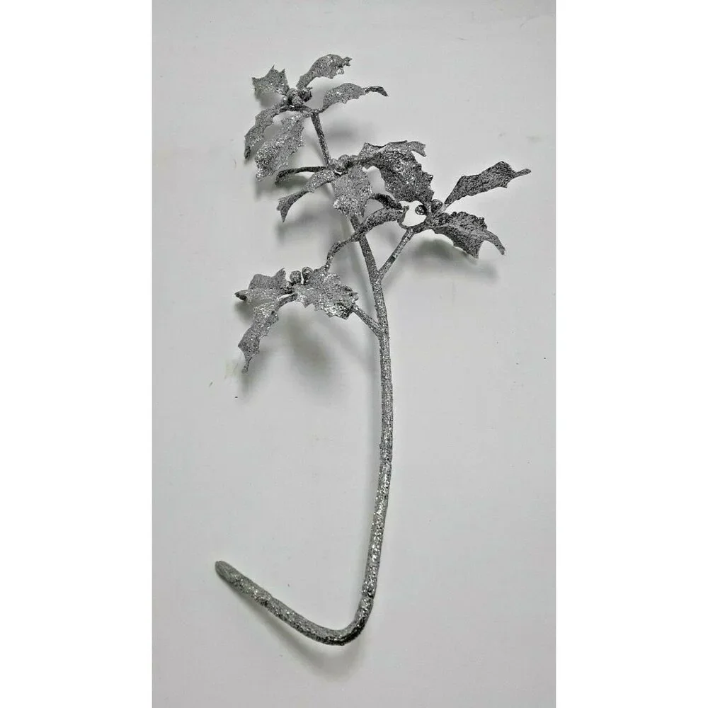 Vintage Holly Floral Branch Silver Glitter Stems Artificial NOS